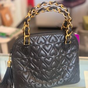 Pre Owned Cosci Black Leather Bag Purse W/ 2 Gold Chain Metal Handle